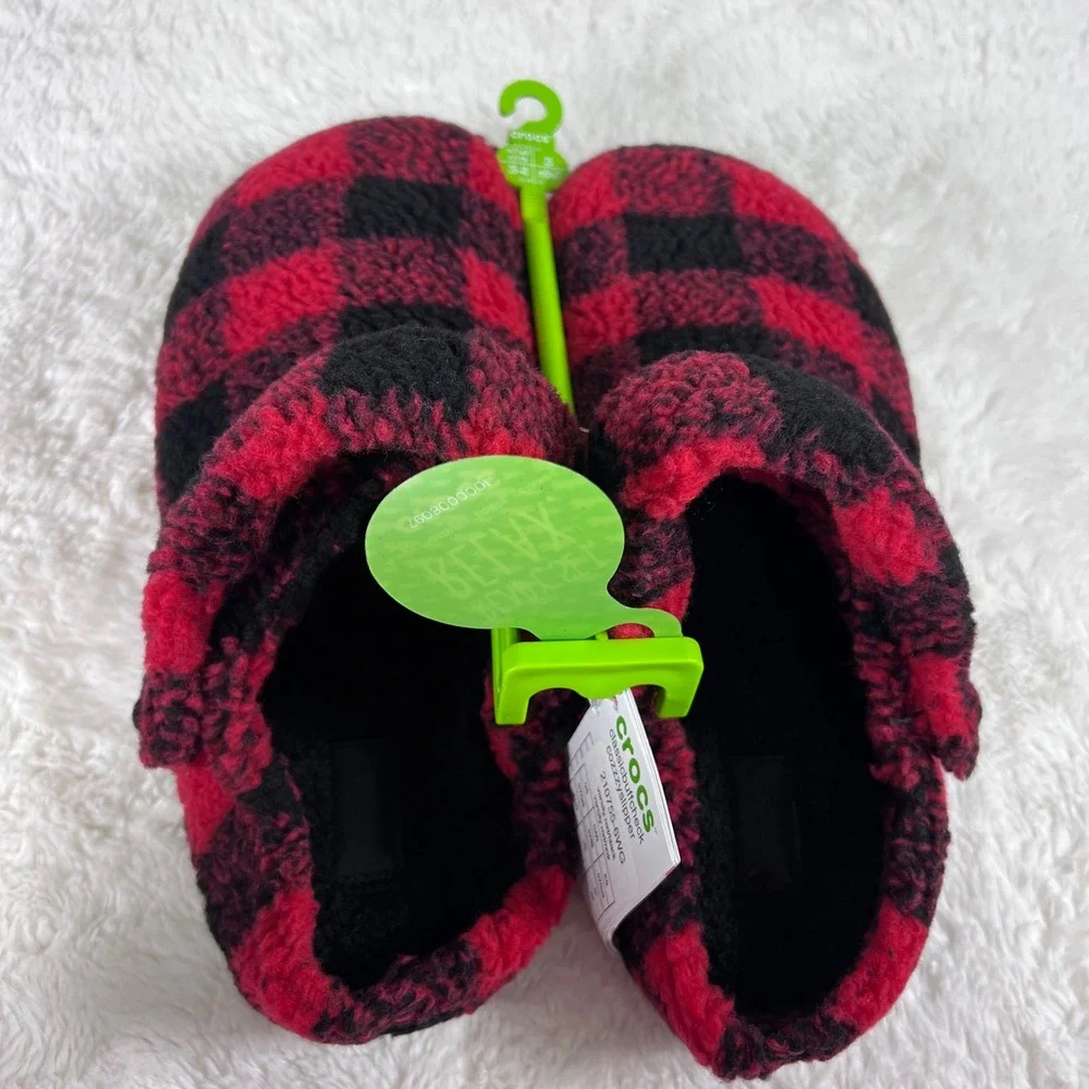 Crocs Classic Buff Check Cozzzyslipper Red Black Buffalo Plaid 210755-6WG Mens 7